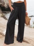 Women's Clothing Minimalist Smocked Waist Wide Leg Pants  Casual Loose Slant Pocket Pants