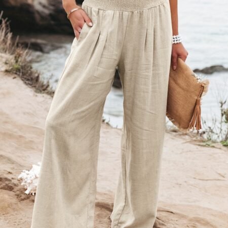 Women's Clothing Minimalist Smocked Waist Wide Leg Pants  Casual Loose Slant Pocket Pants