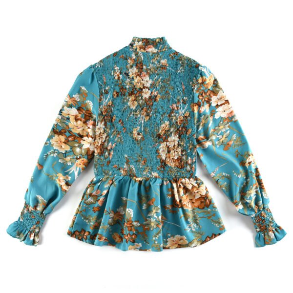 Women's waist round neck shirt 2023 blue spring long sleeve flower shirt