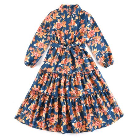 Women's long sleeve lapel dress 2023 spring waist closing flower dress