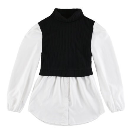 Women's round neck patchwork top 2023 spring long sleeve black white temperament shirt