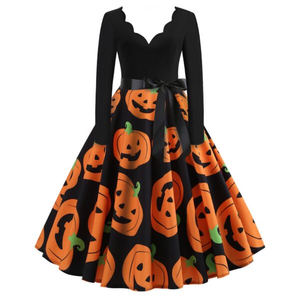 Halloween Pumpkin V-Neck Long Sleeve Sexy Print Swing Dress