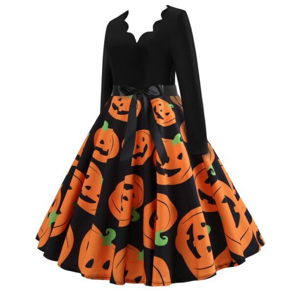 Halloween Pumpkin V-Neck Long Sleeve Sexy Print Swing Dress