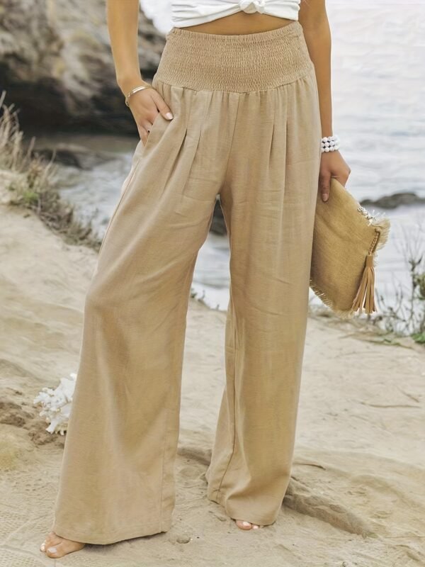 Women's Clothing Minimalist Smocked Waist Wide Leg Pants  Casual Loose Slant Pocket Pants