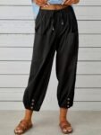 Women's Casual Pants Solid Drawstring Elastic Button Decor Cotton Pants