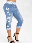 Women's Clothing Butterfly & Denim Print Skinny Leggings  Stretchy High Waist Lifting Yoga Leggings